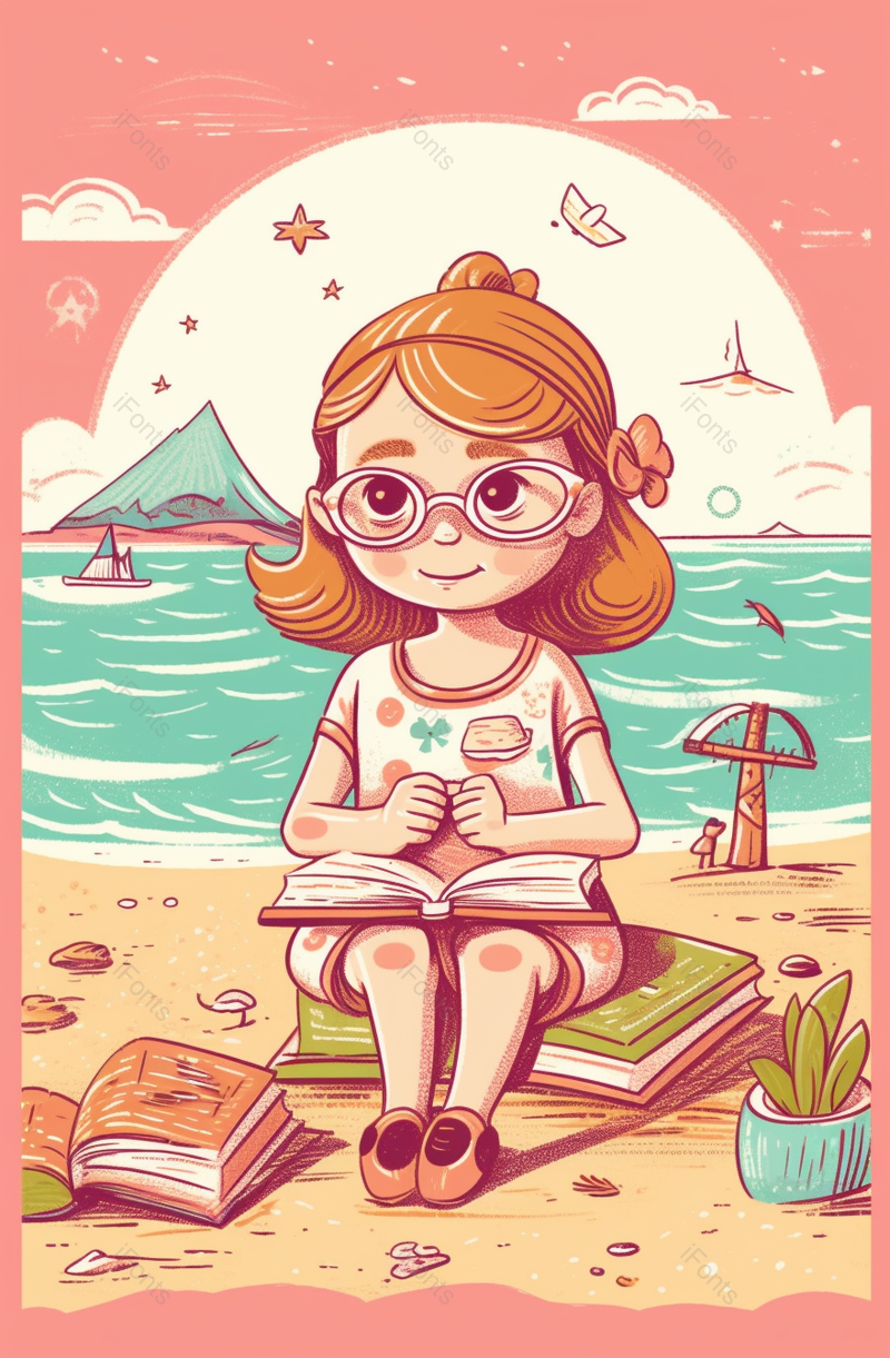 粉色系小女孩海边看书卡通效果背景图,插画/手绘图,插画/手绘图库,插画/手绘图下载,插画/手绘